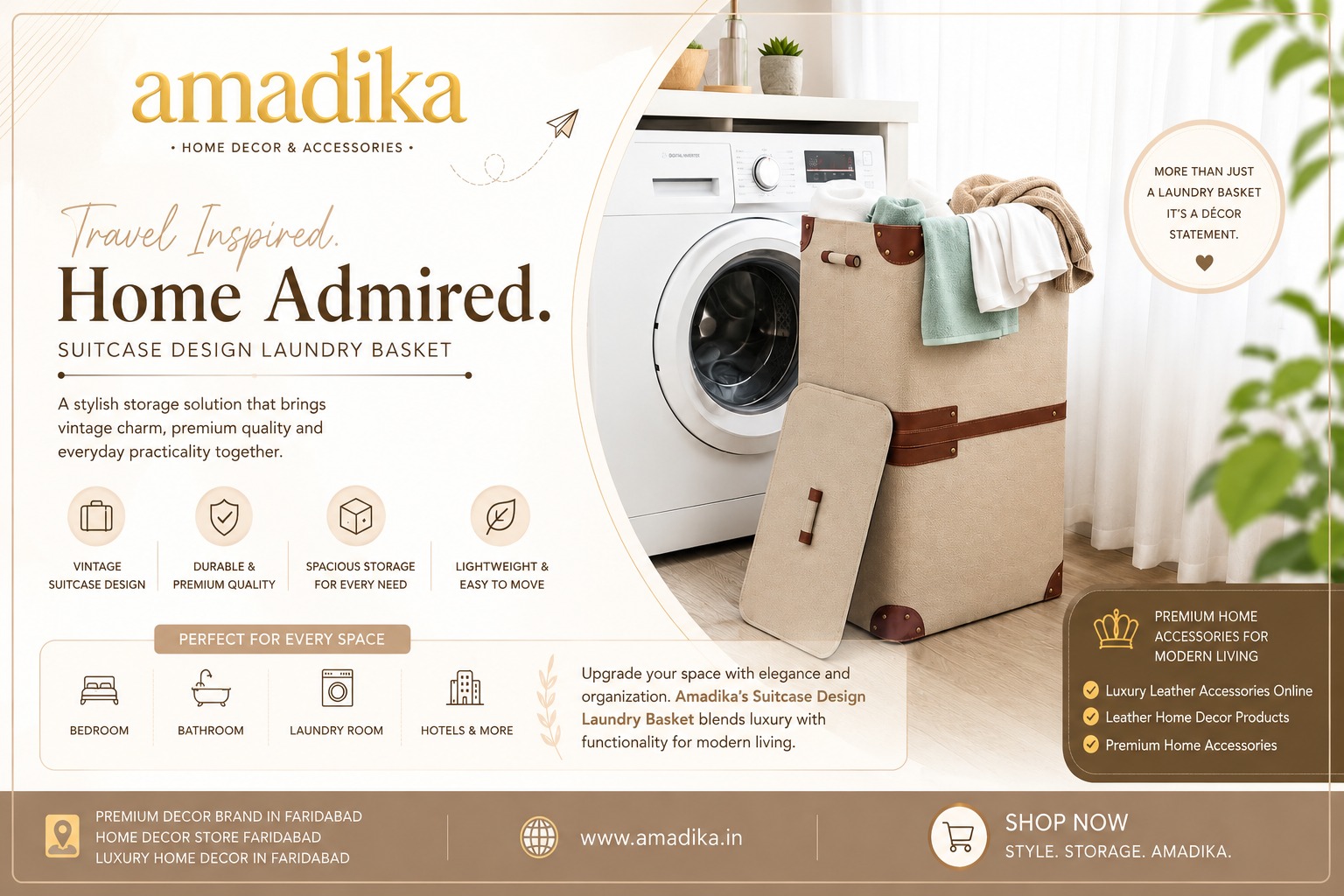 Luxury Leather Laundry Basket for Modern Homes | Suitcase Design Laundry Basket by Amadika