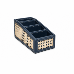 Luxury Blue Leather & Rattan Desk Organizer